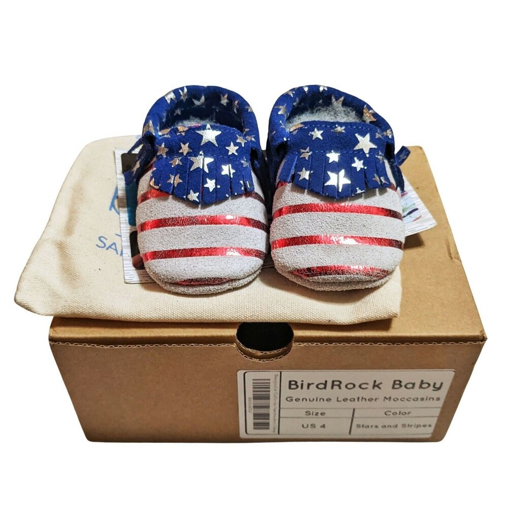Bird Rock Baby Toddler Leather Moccasins Stars Stripes American Flag Size 4  NEW